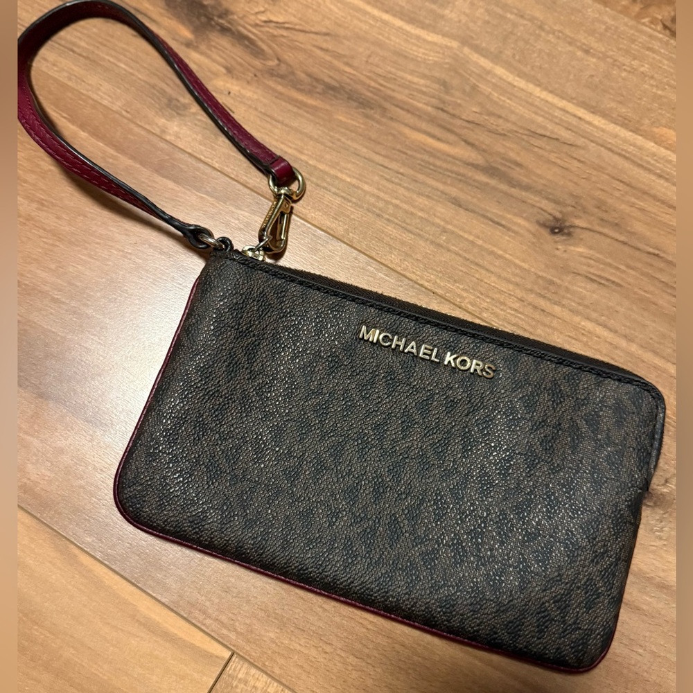 Michael Kors Brown & Black Wristlet with Burgundy Strap